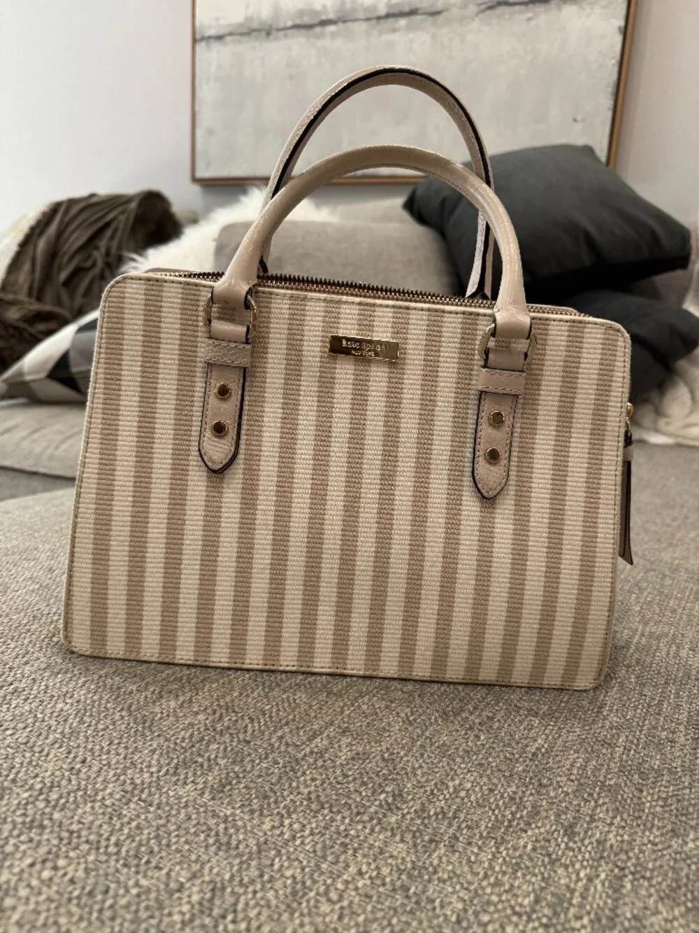 Kate Spade Lise Mulberry Satchel Beige Stripe Canvas Leather Top Handle Bag